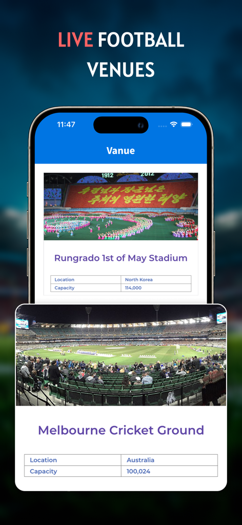 Live Football TV: Live Matches - Live Football TV app displaying stadium locations and seating capacities