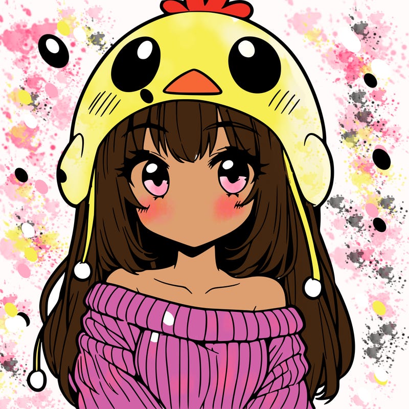 anime girl with chick shaped hat with sweater with bare shoulders with bangs covering them one eye with low tail
