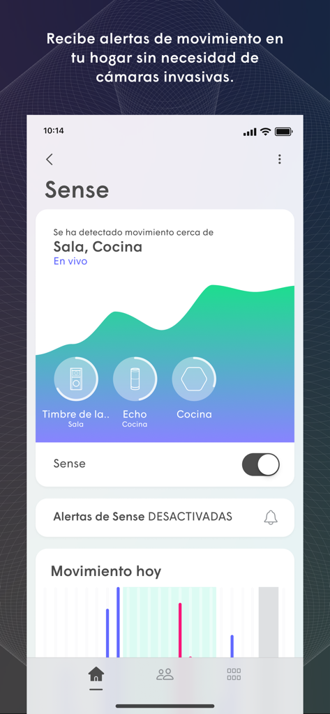TIGO wifi+ - Interfaz de la aplicación Tigo wifi plus que muestra alertas de movimiento del hogar a través de la función Sense en español