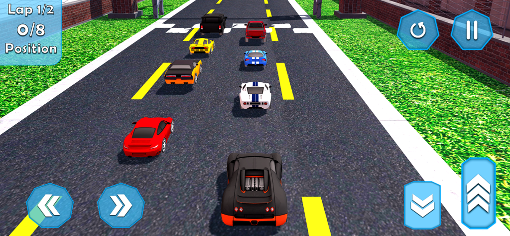 Car Racing: Car Stunt Game - Top down view of colorful mini cars racing on an asphalt track with game UI buttons