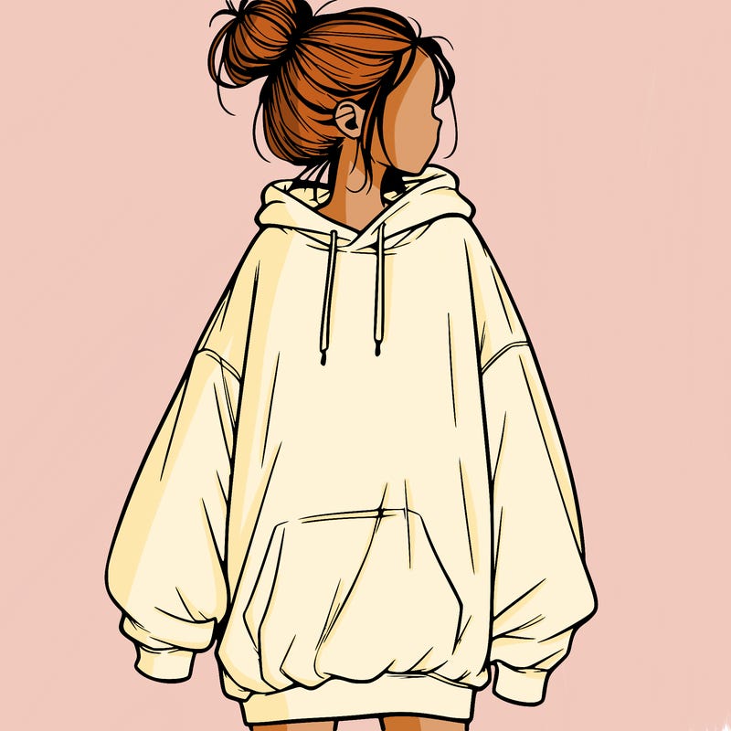 realistic girl with a oversized sweatshirt on and a bun