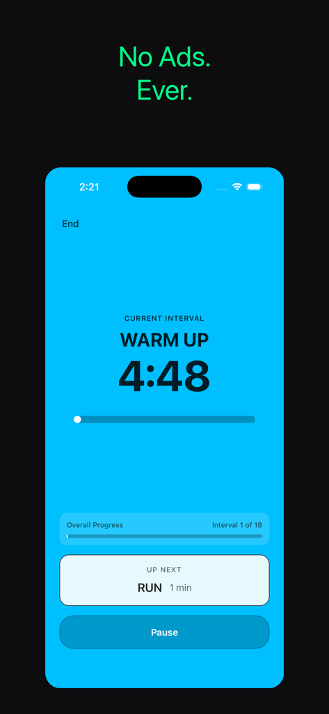 Una pantalla de entrenamiento minimalista de la app De Cero a 5K mostrando un temporizador de calentamiento y un mensaje de Nunca Más Anuncios.