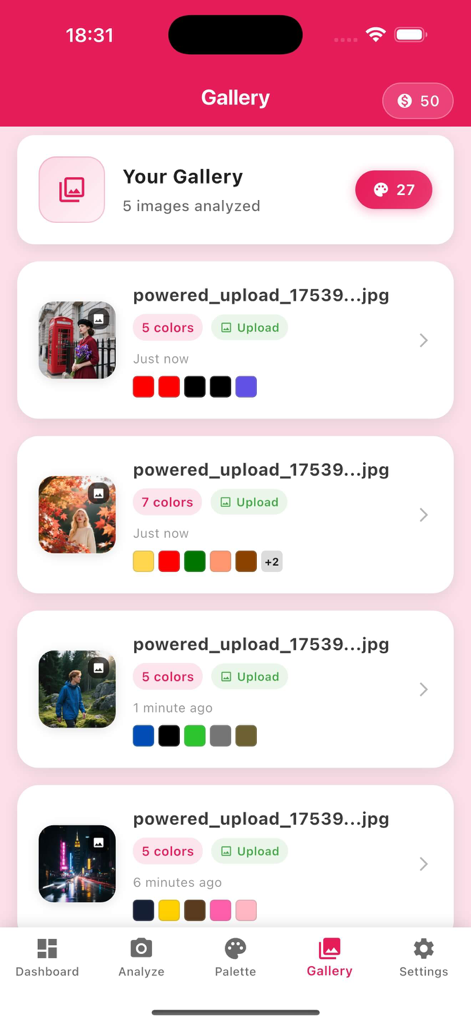 Xeko - The gallery screen of the Xeko app showing a history of analyzed images and their extracted color palettes.