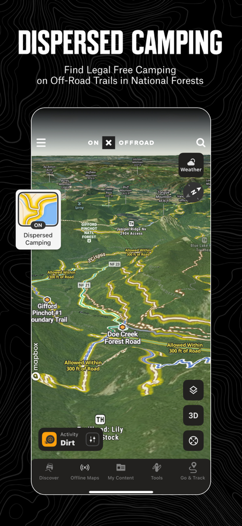 onX Offroad: Trail Maps & GPS - Una mappa topografica 3D nell'app onX Offroad che evidenzia le aree di campeggio disperso legali in una foresta nazionale.