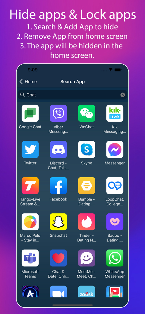 Interface de pesquisa para selecionar e ocultar aplicativos como Snapchat e Tinder da tela inicial