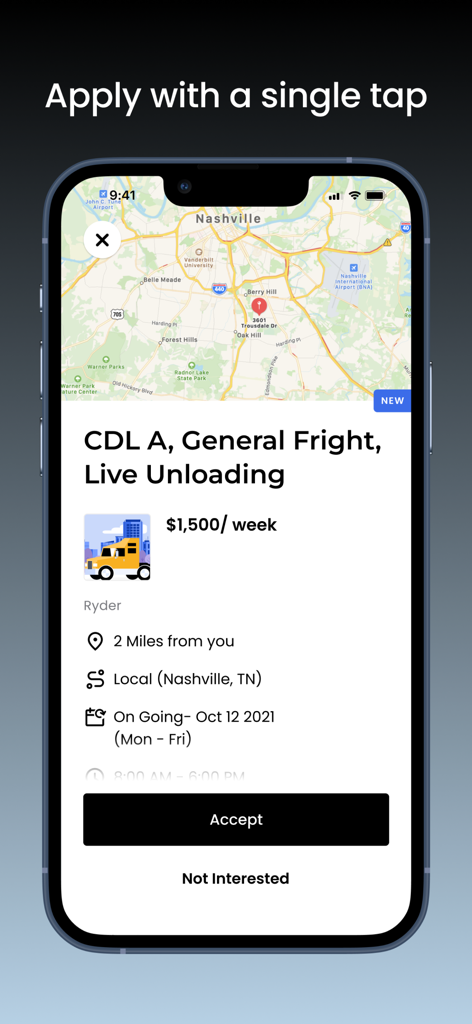 TransForce One CDL Jobs - TransForce One app screen showing a local CDL A job offer with pay and location details