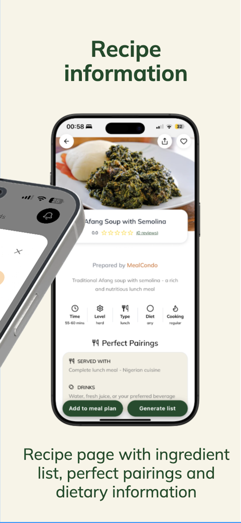 Recipe information for Afang Soup with Semolina on the MealCondo app