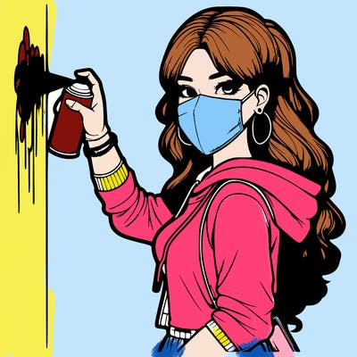 realistic girl with mask spray painting a wall