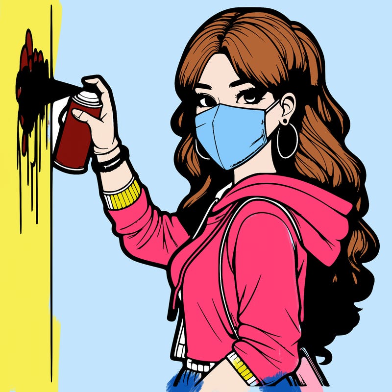 realistic girl with mask spray painting a wall