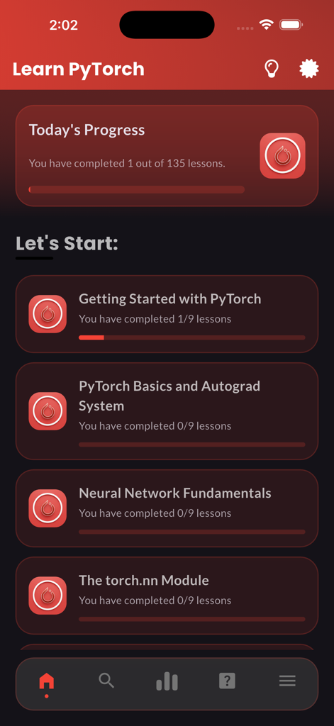 Learn PyTorch Tutorials - PyTorchアプリのホーム画面。今日の進捗状況と入門学習モジュールが表示されています。