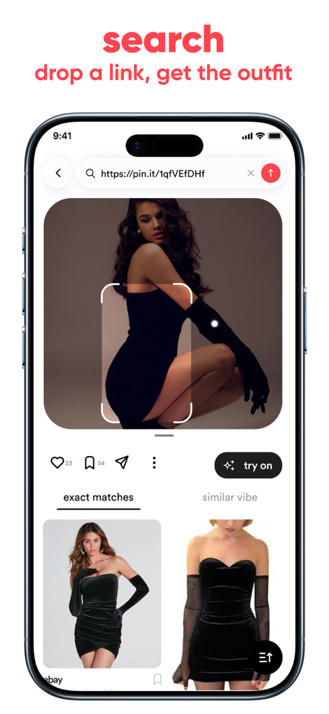 shoppin: AI discovery & try-on - Interfaccia dell'app mobile per la ricerca di outfit tramite link con scoperta AI