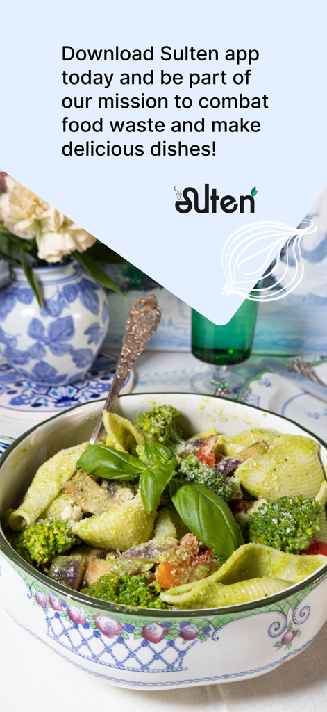 Sulten - Sulten app promotional image featuring a healthy pesto pasta dish and a call to action to reduce food waste.