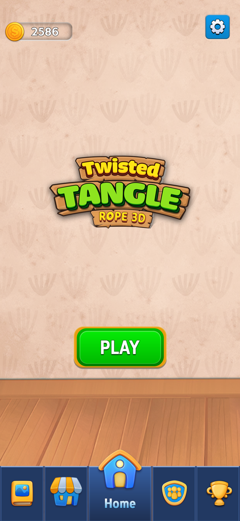 Twisted Puzzle Tangle Rope 3D - Home screen of the Twisted Tangle Rope 3D puzzle game featuring a prominent green play button and navigation menu.