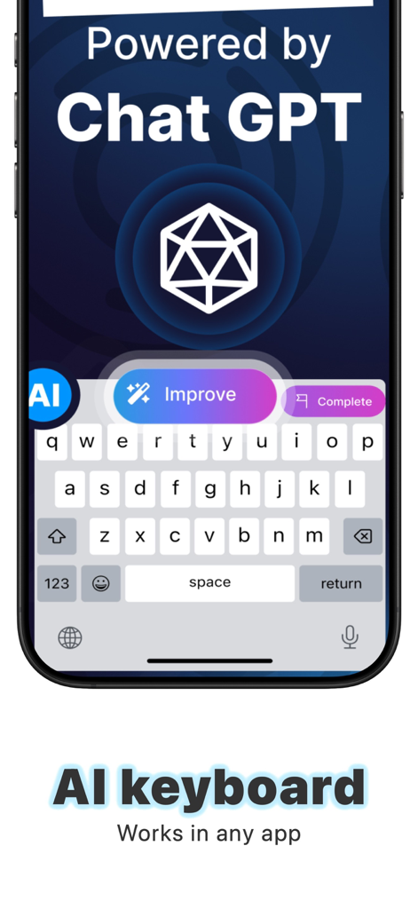 Ask AI Anything - Aido - Aido app interface showing an AI-powered keyboard extension with text improvement and completion features