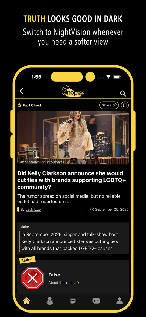 Snopes - Snopes app interface showing a fact check in NightVision dark mode.