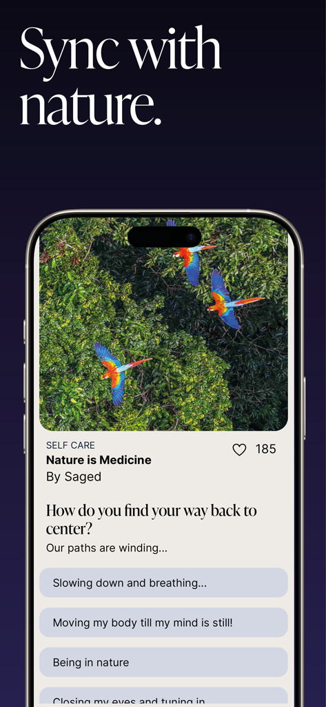 Saged app screen featuring a nature-based self-care ritual with tropical birds and mindfulness poll