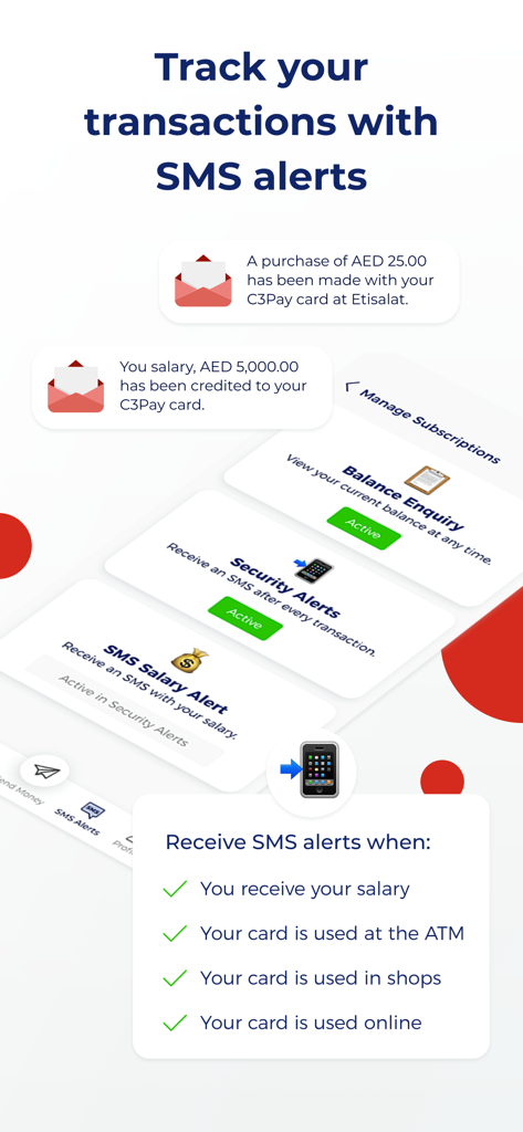 C3Pay App-Oberfläche, die SMS-Benachrichtigungen für Gehaltseinzahlungen und Karten-Transaktionen zeigt.