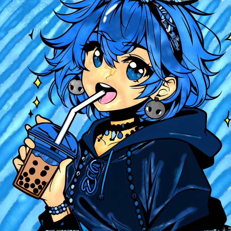 hot baddie anime girl drinking boba and biting the straw