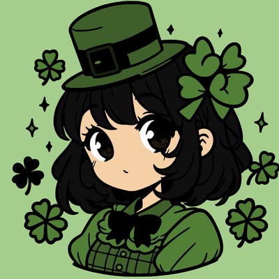 a manga-style girl with clovers around her, a little hat in her hair, like it's saint patrick's day