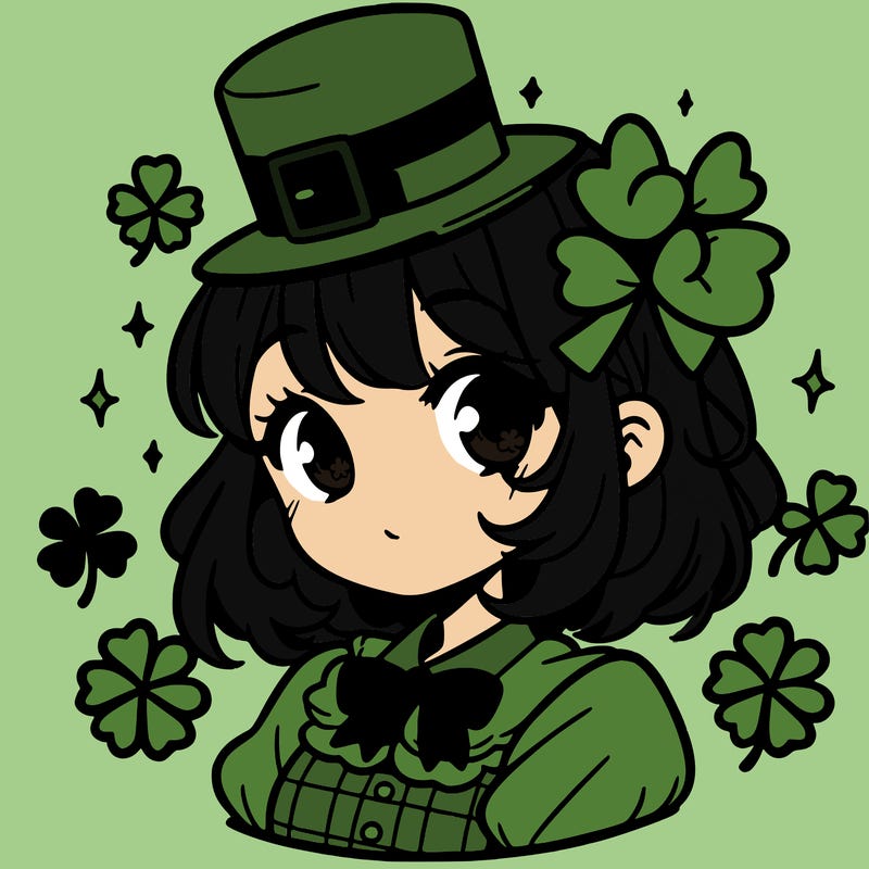 a manga-style girl with clovers around her, a little hat in her hair, like it's saint patrick's day
