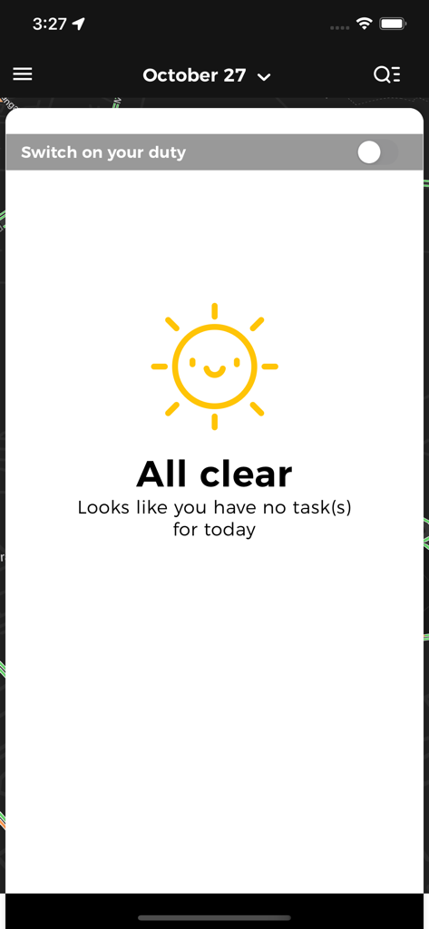 Rapido Rider app interface showing an empty task list for the day with a happy sun icon