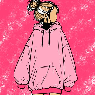 realistic girl with a oversized sweatshirt on and a bun
