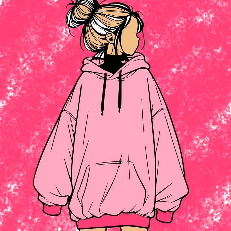 realistic girl with a oversized sweatshirt on and a bun