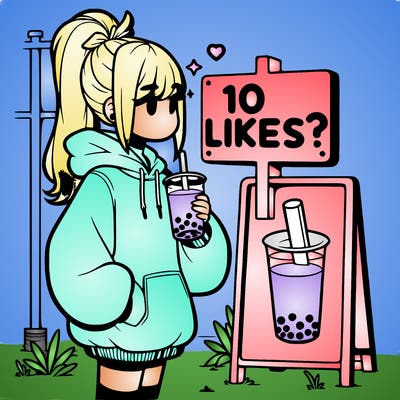girl with oversized hoodie drinking boba and she has a high ponytail with a sign that says 10likes?
