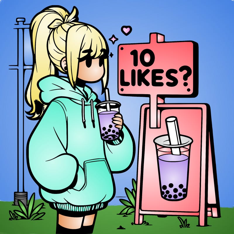 girl with oversized hoodie drinking boba and she has a high ponytail with a sign that says 10likes?