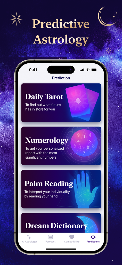 Smartphone screen showing Futurio astrology app features like Daily Tarot, Numerology, and Palm Reading on a cosmic background.