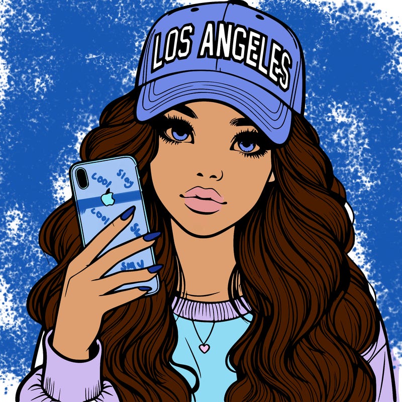 realistic beautiful girl wearing los ángeles cap holding an iphone