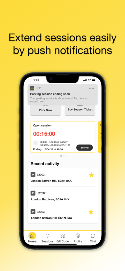NCP - NCP mobile app interface showing parking session countdown and extension notification
