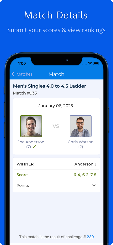 Pantalla de la aplicación iTennisLadder que muestra las puntuaciones de los partidos de tenis y los rankings de los jugadores