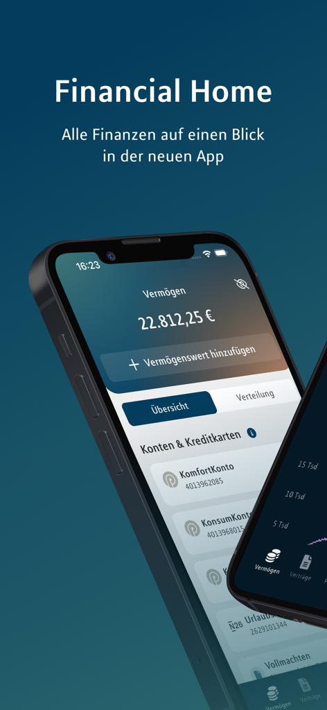 Financial Home - Smartphone displaying the Financial Home app dashboard with total assets and account summaries