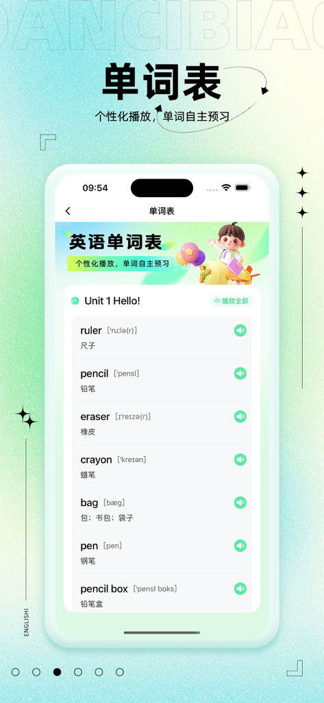 Waiyan English Sync mobile app interface showing a Unit 1 vocabulary list with English words, phonetic symbols, and audio play buttons.