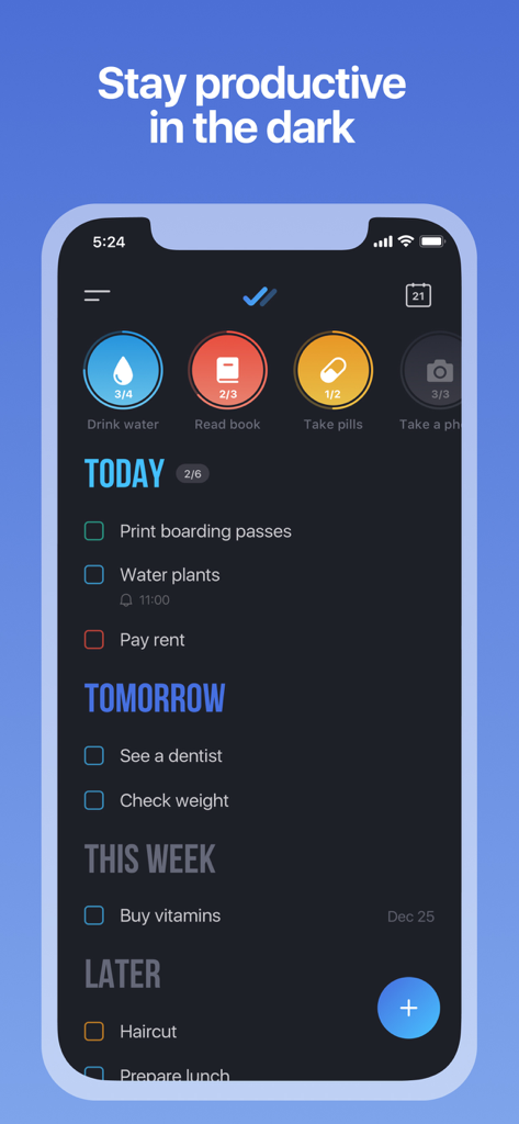 Tappsk app dark mode interface showing daily tasks and colorful habit tracking icons.