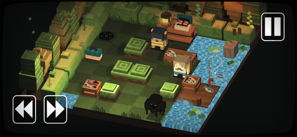 Isometric voxel art gameplay of a horror puzzle level in Slayaway Camp