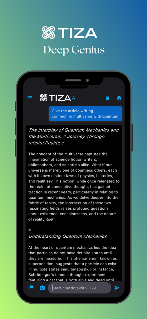 TIZA - Interfaz de la aplicación móvil de IA TIZA que muestra un artículo generado sobre mecánica cuántica y el multiverso