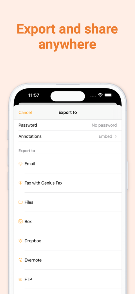 L'écran d'exportation de l'application Genius Sign affiche les options de partage de documents, notamment la messagerie électronique, les services cloud et la télécopie.