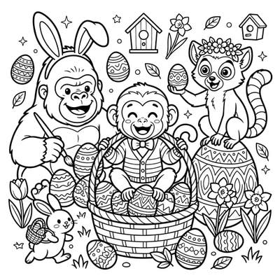 Join a heartwarming Easter celebration with our delightful primates coloring page, specially designed for kids! This festive scene features playful monkeys, a friendly gorilla, and a cheerful lemur surrounded by decorated eggs and spring blossoms, promising hours of creative fun.