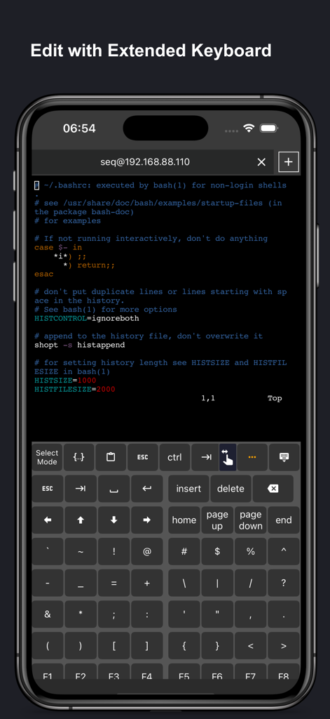 SSH Client Pro - Stats & Shell - SSH Client Pro app interface featuring a terminal script editor and a specialized extended keyboard for mobile server management