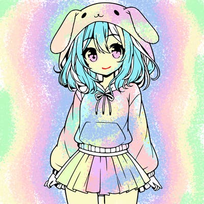 pretty anime girl wearing a fluffy hoodie with bunny ears on the hood and a skirt