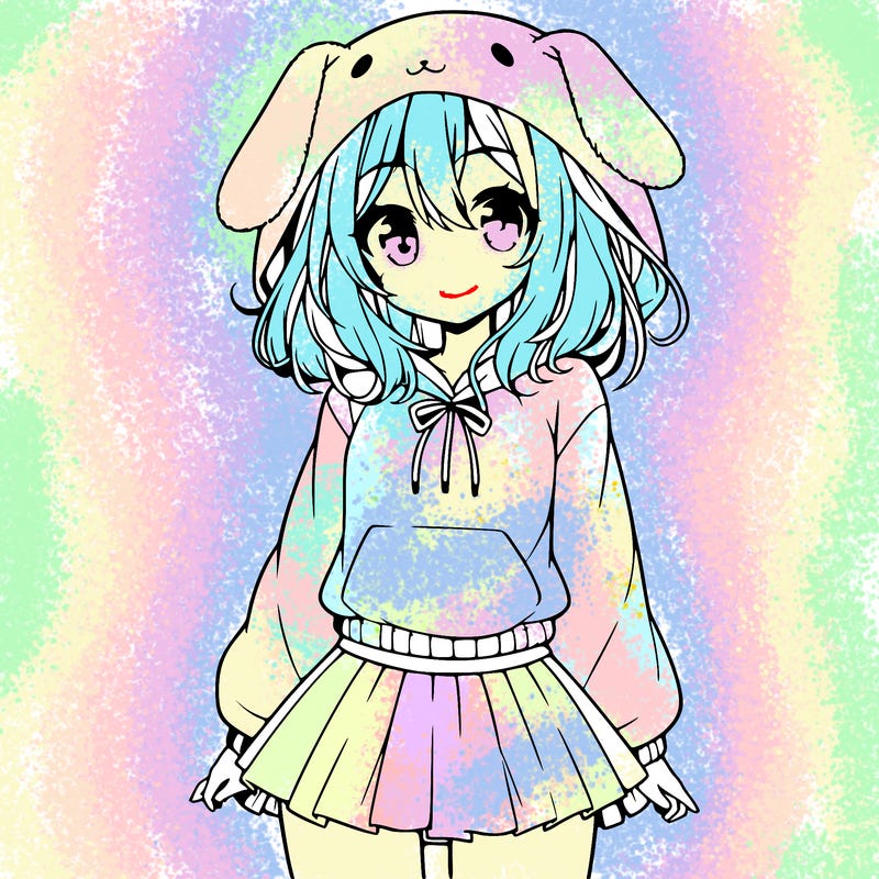 pretty anime girl wearing a fluffy hoodie with bunny ears on the hood and a skirt