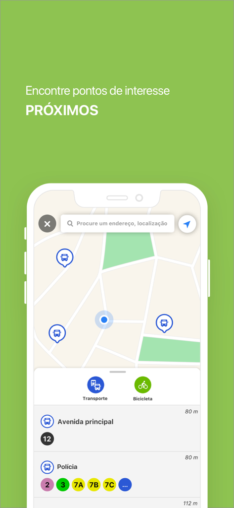 TCB - Viajar no Barreiro - Pantalla de mapa de la aplicación de tránsito TCB que muestra paradas de autobús cercanas y rutas de transporte