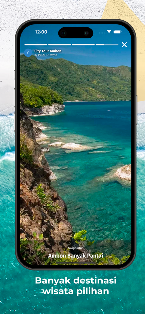 PELNI - Interface de l'application PELNI montrant un littoral tropical pittoresque à Ambon, Indonésie