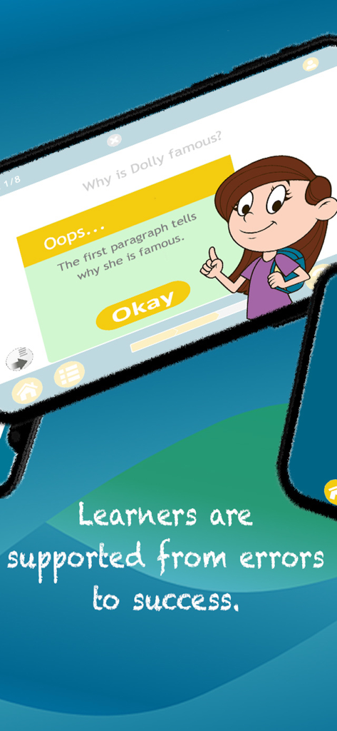 Reading Comprehension: Grade 3 - A screenshot showing a character providing helpful feedback to a student after an incorrect answer in the Reading Comprehension Grade 3 app.