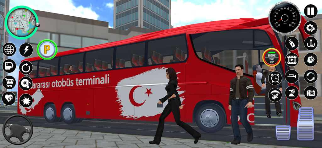 City Bus Simulator 3D Stunt - Gameplay screenshot showing a red city bus and characters in City Bus Simulator 3D Stunt