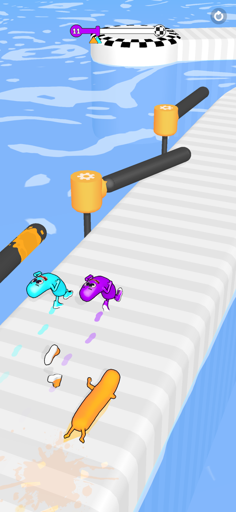 Three colorful bean characters racing through a physics-based obstacle course over water
