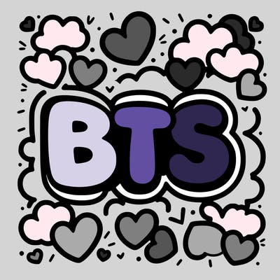 the letters “bts” in bubble letters surrounded by hearts
