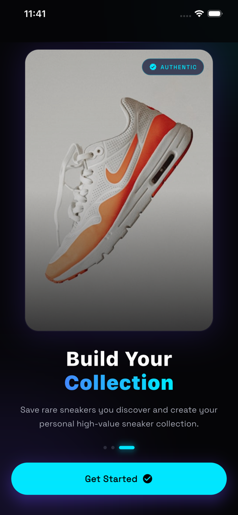 A mobile screen from the Sneaker Scanner app featuring a white and orange sneaker with an authentic badge and text about building a high value collection